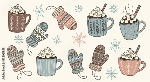 Cozy winter mugs filled with hot chocolate and marshmallows surrounded by knitted mittens and snowflakes on a cream background