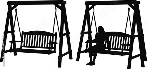 Garden swing bench silhouette set, wooden hanging bench with woman sitting, outdoor park furniture isolated vector illustration on white background
