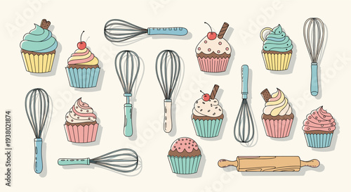 Hand drawn cupcakes and baking utensils collection seamless pattern on a light background