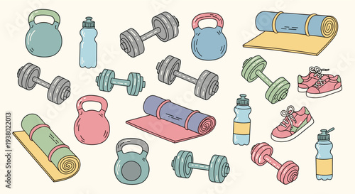 Collection of colorful fitness equipment including dumbbells kettlebells yoga mats and water bottles for healthy lifestyle workouts