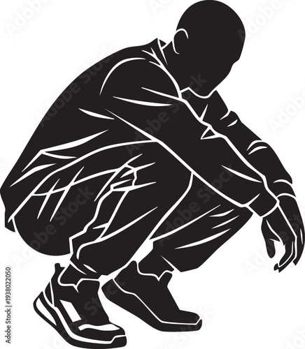 High Fashion Streetwear Squat Silhouettes in Geometric Crouching Pose