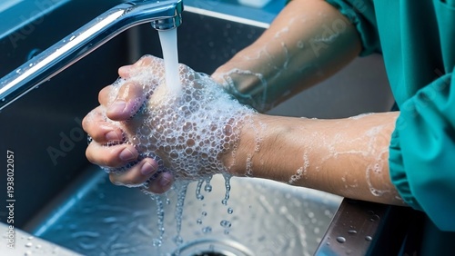 Close-up of a healthcare professional meticulously washing their hands under running water in a sterile environment, emphasizing hygiene and infection control.