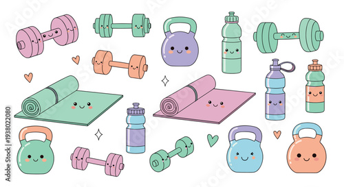 Cute Kawaii Fitness Equipment Collection with Dumbbells Kettlebells Yoga Mats and Water Bottles for Healthy Lifestyle