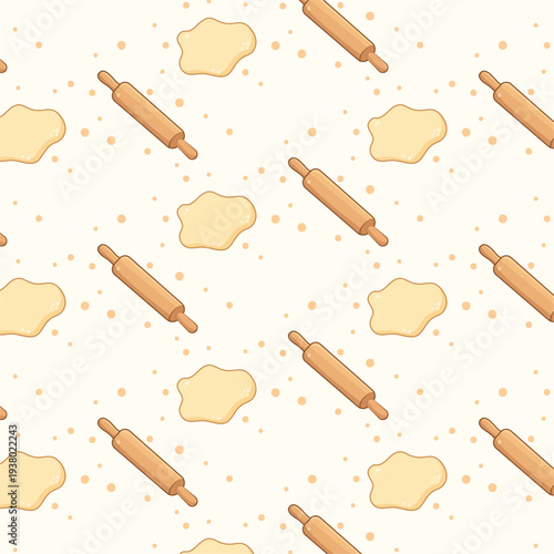 Cute Dough and Rolling Pin Seamless Pattern, Minimalist Baking Background with Flour Dots, Flat Hand Drawn Pastry Illustration for Fabric, Textile, Wrapping Paper