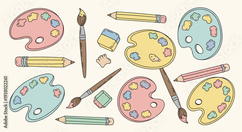 Artistic supplies including paint palettes brushes pencils and erasers in a charming pastel color palette on a light background