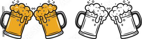 Two pairs of beer mugs shown in color and black and white line art