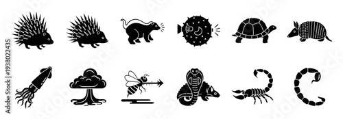 Collection of Black and White Animal and Object Icons.