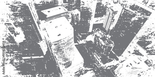 Grayscale abstract aerial view of city buildings with textured effect