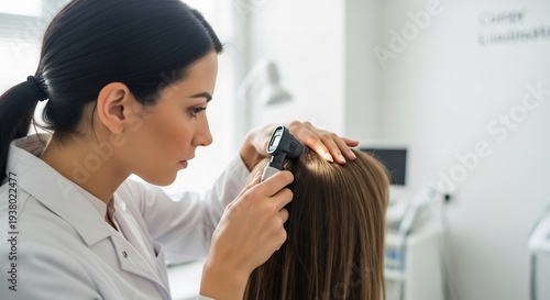 Dermatologist examining a patients scalp with a dermatoscope in a clinic.