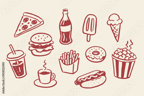 Fast food set naive outline sketch vector illustration
