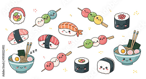 Adorable kawaii sushi and dango characters enjoying a delightful meal together in a whimsical food fantasy