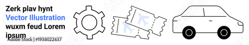 Gear suggesting settings or tools, two tickets for events or cinema, simple car design for travel or transportation. Ideal for mobility, logistics, event planning, technical tools, travel apps
