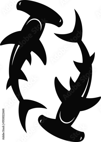Hammerhead shark yin yang, marine life balance, black white illustration, ocean symbolism, aquatic harmony design, nature duality, sea creature art