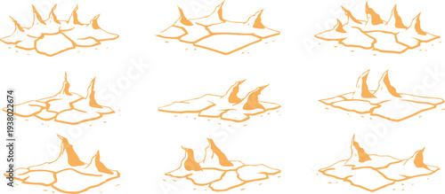 Nine orange spiky rock formations on white background