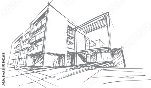 Of a modern building with geometric shapes and windows