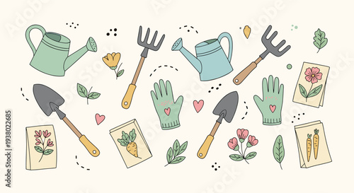 Charming Garden Tools and Seed Packets Illustration for Spring Planting and Outdoor Activities