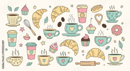 Charming Collection of Coffee Cups Croissants Muffins Donuts and Baking Utensils in a Whimsical Hand Drawn Style