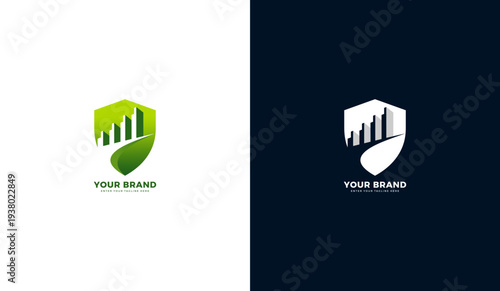 Financial shield logo with city skyline and growth chart
