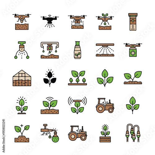 Smart agriculture and agri-tech minimalist vector icons set with farming drones and sensors