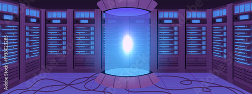 Banner with server racks and wires. Big data center premises.