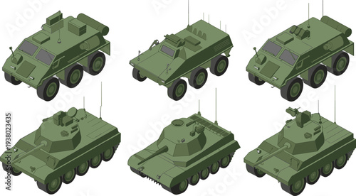 Isometric military vehicles, armored personnel carriers, green tanks, combat defense illustration, voxel style army transport, warfare equipment, strategic ground assets
