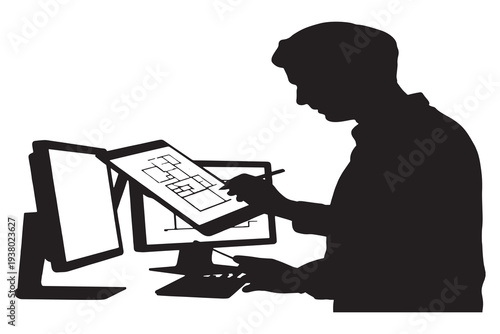 Businessman working diligently at modern office desk with multiple screens