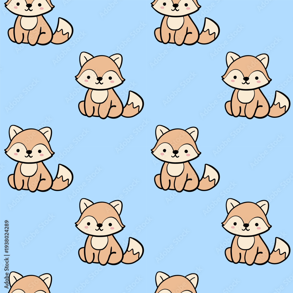 Fototapeta premium Cute Fox Seamless Pattern with Kawaii Baby Fox