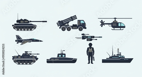 Collection of military vehicles and aircraft icons.