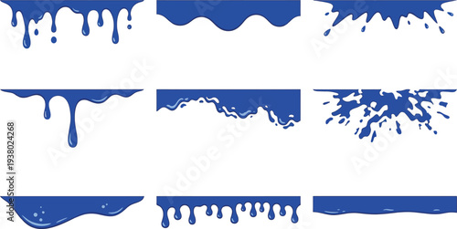 A collection of stylized blue liquid drips and splatters arranged in horizontal lines on a white background