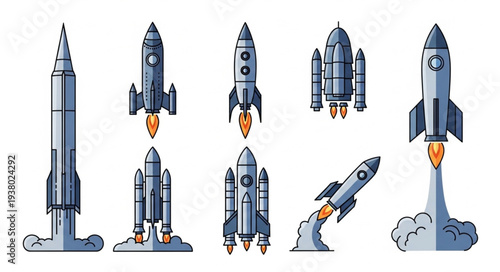Collection of various rockets and spacecraft launching into space.