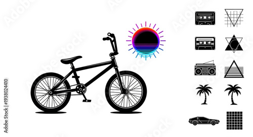Retro BMX Bicycle with 80s Style Sun and Geometric Shapes.