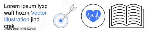 Education, health awareness, goal setting, achievement, learning, lifestyle. Target with arrow in center, blue heart with heartbeat line open book with text. Health awareness and education