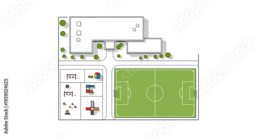 Aerial view of a modern sports complex with soccer field and facilities.