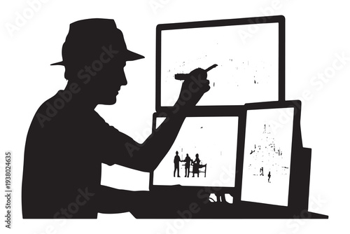 Man working on digital tablet with multiple computer monitors