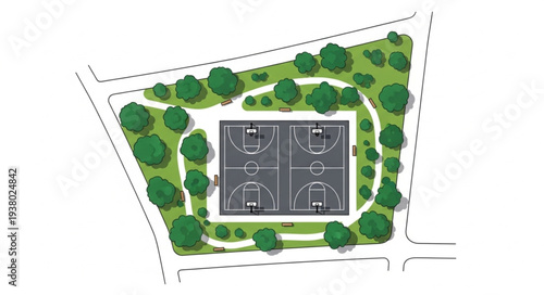 Aerial view of a modern basketball court complex with surrounding green space.