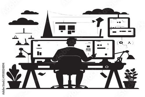 Businessman working diligently at modern office desk with multiple screens