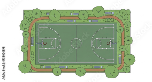 Aerial View of a Basketball Court with Surrounding Trees and Track.