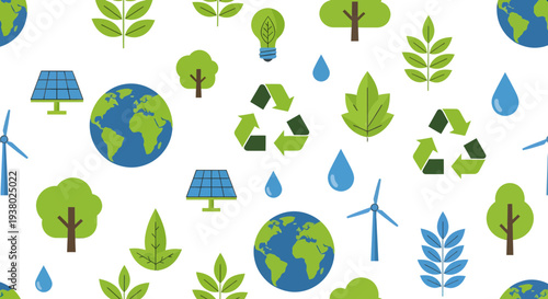 Eco Sustainability Seamless Pattern with Earth, Leaves, Recycling Symbol, Solar Panel, Wind Turbine and Water Drop Green Energy Vector Background