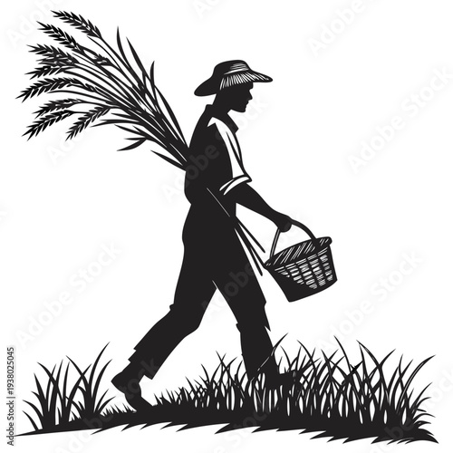 Farmer with Harvest Silhouette Vector – Man in Hat Carrying Wheat and Basket Icon