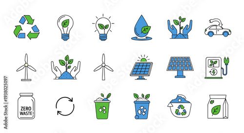Sustainable Energy and Ecology Line Icons Set – Recycling, Solar Panel, Wind Turbine, Electric Car Charging, Zero Waste and Environmental Protection Vector Illustration