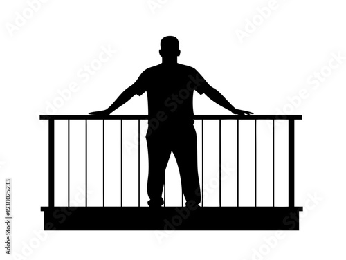 Man Standing on Balcony Silhouette Vector – Person Leaning on Railing Terrace Icon