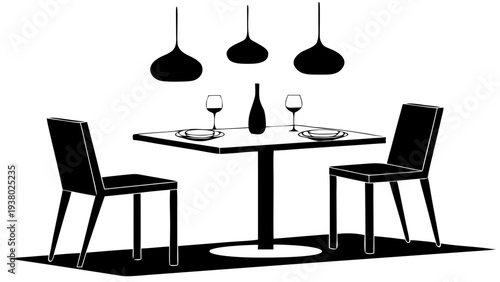 Modern Dining Table with Chairs and Pendant Lights Silhouette Vector – Interior Furniture Icon