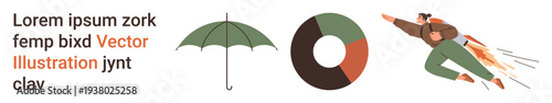 Business planning, risk management, data analysis, success, creativity, teamwork. Umbrella, pie chart flying person with jetpack and placeholder text. Risk management and data analysis concept