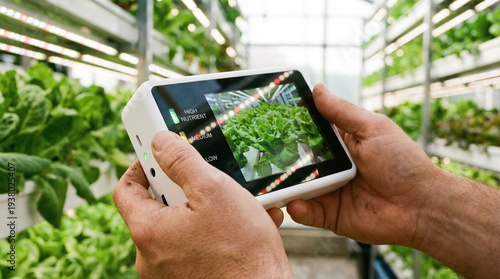 Farm worker uses tech to track plant growth in a nutrient-rich indoor garden
