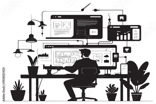 Businessman working diligently at modern office desk with multiple screens