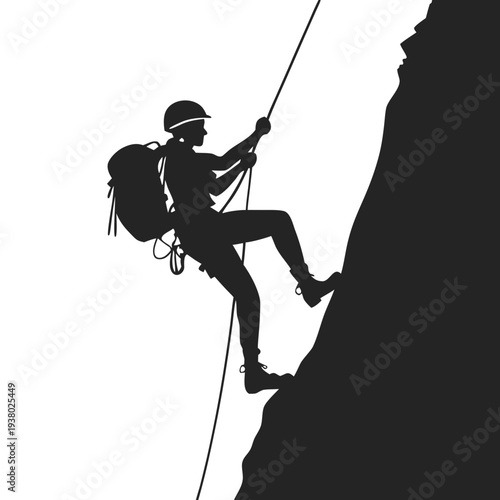Rock Climber Rappelling Silhouette Vector – Extreme Mountaineer with Rope and Helmet Icon