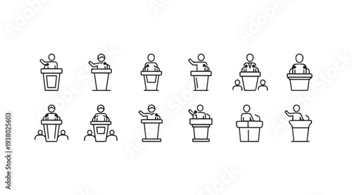 Collection of podium icons representing public speaking and presentations simple line art style