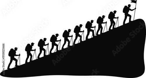 Mountain climbing hikers silhouette, trekking team ascending steep hill with backpacks and poles, adventure hiking concept isolated vector illustration