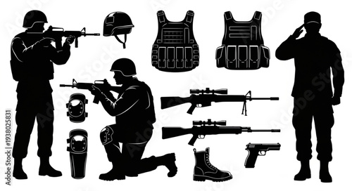 Military Silhouettes with Equipment and Guns.