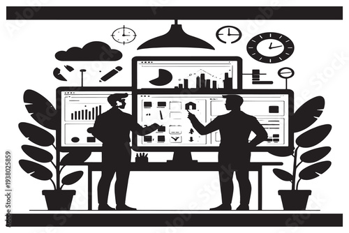 Businessman working diligently at modern office desk with multiple screens